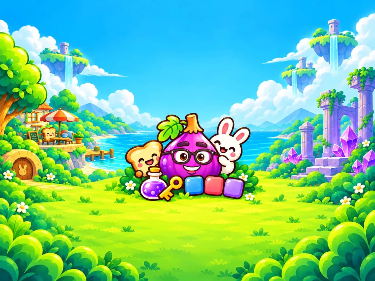 Fig It loading-screen artwork with Fig, a bunny, and breakfast friends in a colorful island world