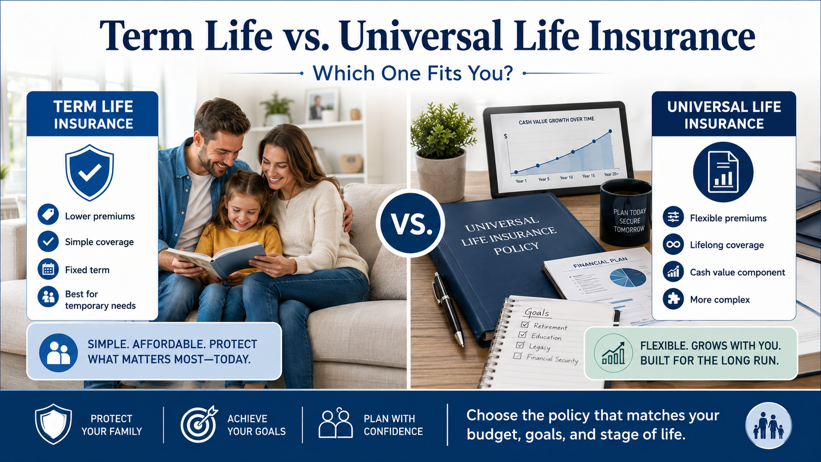 Term life vs. universal life insurance infographic comparing lower premiums, simple coverage, flexible payments, lifelong protection, and cash value growth.